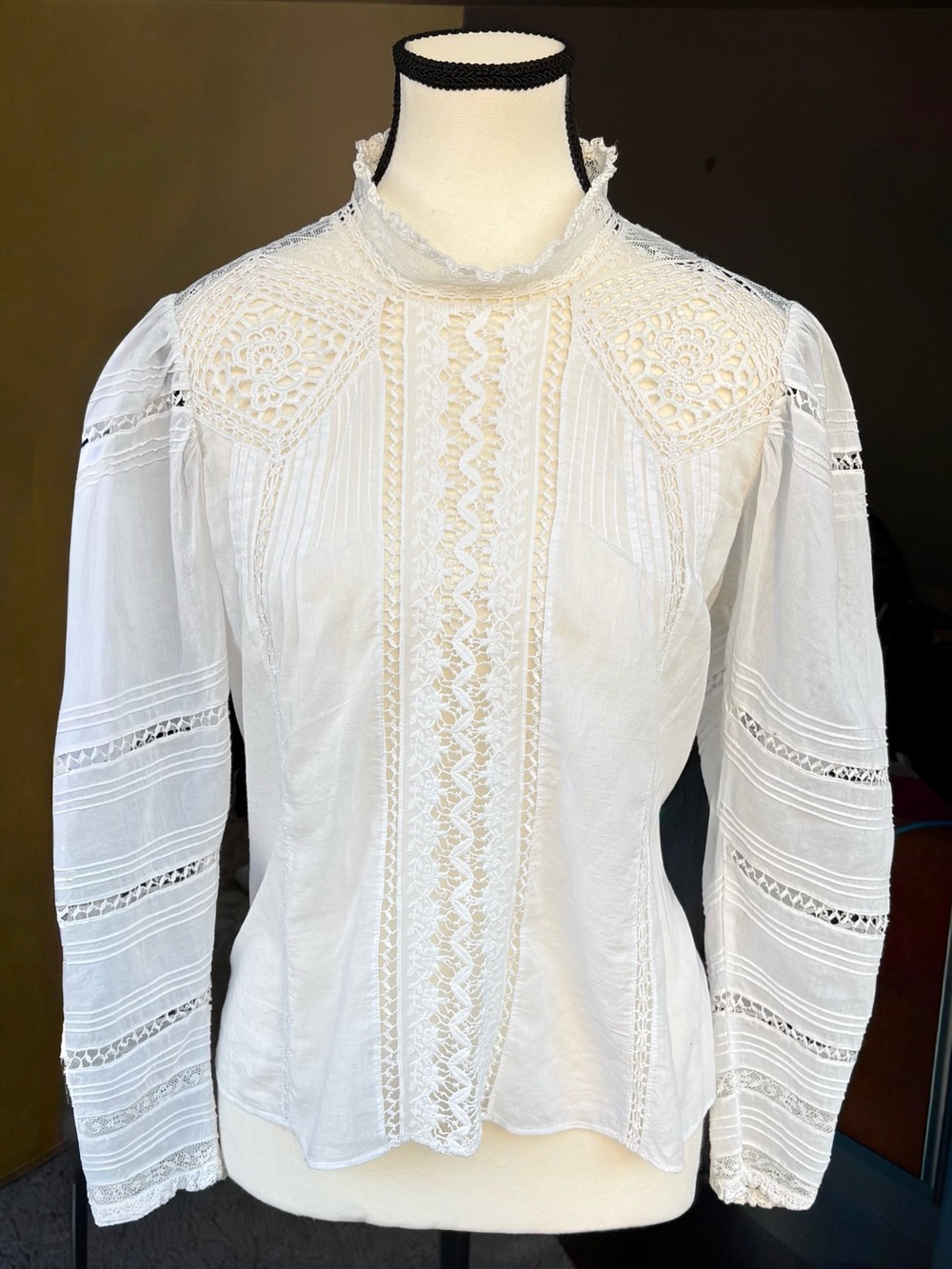 Dôen Lace Amaya Blouse Ivory Cotton Crochet Cutout High Neck Long Sleeve M - Picture 5 of 12